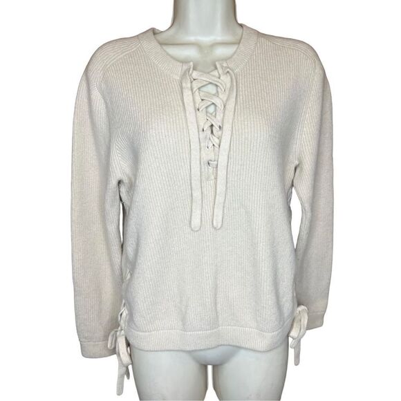 SVILU Cream Lace Up Pull Over Cashmere Sweater Size Medium - Picture 1 of 6